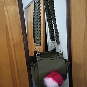 Olive Green Women's Crossbody Bag with Braided Strap and Pink Pom Pom